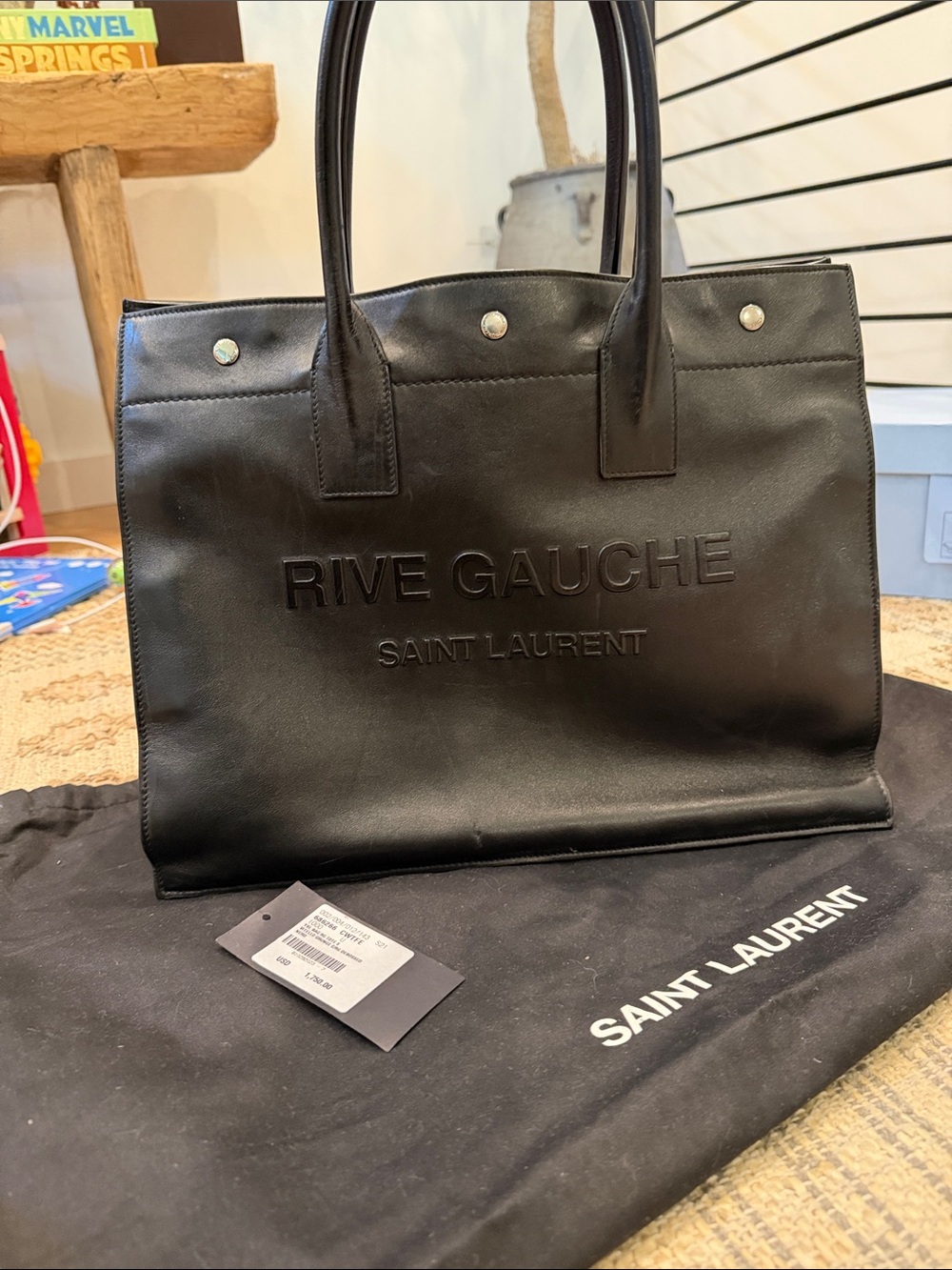 Saint Laurent Black Rive Gauche Embossed Leather Tote Large